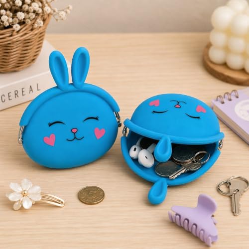 Image of FunBlast Cute Bunny Shape Silicone Coin Purse for Kids & Adults - Mini Pouch for Coins, Earphones, Keys & Small Essentials, Aesthetic Pouches for Girls & Women - 12 X 9.5 X 3 Cm (Bunny-Blue)