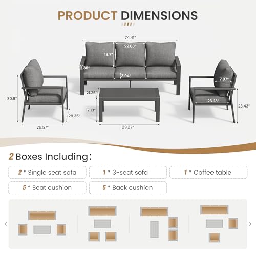 Image of Aluminum Patio Furniture Set, 5 Seats Metal Outdoor Conversation Set Modern Sectional Sofa with Upgrade Cushion and Coffee Table