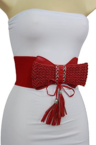 TFJ Women Elastic Wide Fashion Corset Bow Belt High Waist Tassel S M L Red4