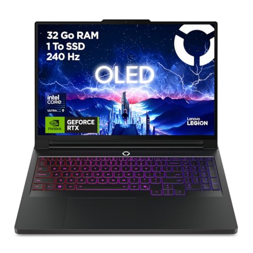 Lenovo Legion Pro 7 16IAX10H - Ordinateur Portable Gaming 16'' OLED WQXGA 240Hz (Intel Ultra 9 275HX, RAM 32Go, SSD 1To, NVIDIA RTX 5080 16GB, Windows 11) Clavier rétroéclairé AZERTY Français - Noir