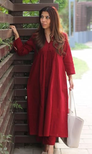 Image of Women's Red Rayon Kurta Set with Pants, V-Neck Long Sleeve Gathered Empire Waist Casual Ethnic Wear
