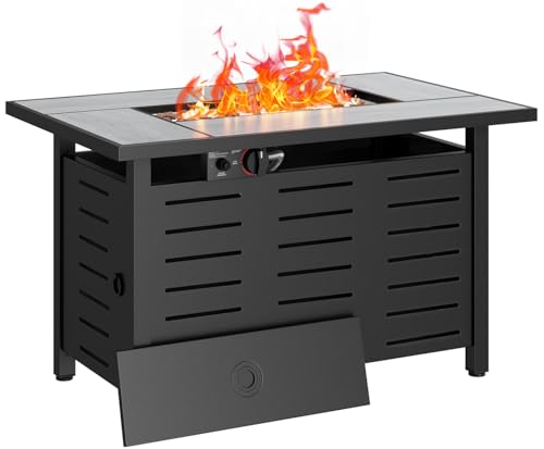 Aoxun 42' Propane Fire Pit Table Ceramic Top, 60000 BTU Outdoor Patio Heater with Lava Rocks, Rectangle Gas Fire Pits for Outside Patio with Removable Lid, Black