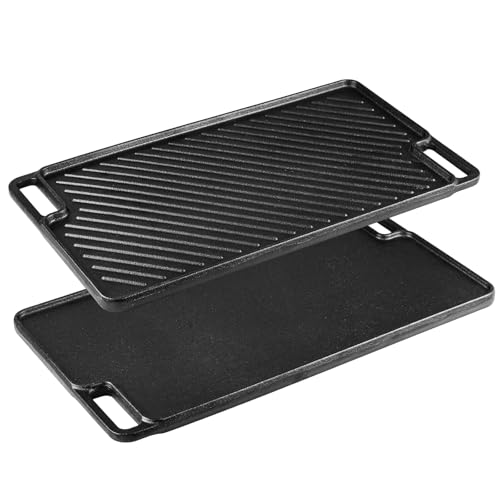 Cast Iron Griddle Pan, Double-Sided Non-Stick Pre-Seasoned BBQ Grill Pan for Gas, Electric, Induction & Oven Safe - 46x26cm Rectangular with Flat & Ridged Surfaces