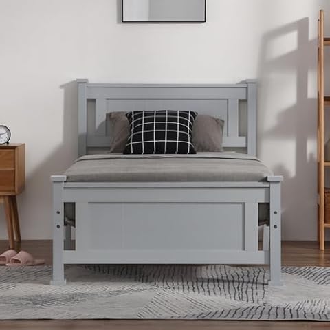 AOCOROE Twin Bed Frame for Boys and Girls, Twin Size Wooden Platform Bed with Vertical Stripe Headboard, Foot Board, Slats Included, No Box Spring Needed, Grey Cover