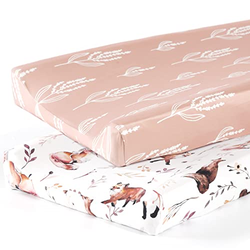 Image of GRSSDER Stretch Ultra Soft Jersey Knit Changing Pad Cover Set 2 Pack, Change Table Pad Covers Fit 32"/34" x 16" Pads Safe and Snug, Cute Diaper Change Table Sheets for Girls, Fox Pattern for Baby