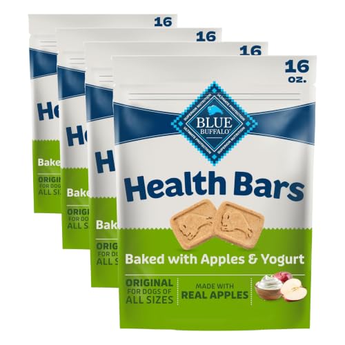Image of Blue Buffalo Health Bars Crunchy Dog Biscuits, Oven-Baked with Natural Ingredients, Apples & Yogurt, 16-oz Bag, (Pack of 4)