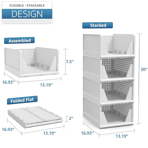 Image of Sorbus 4 Pack Medium Shelf Organizer with Open Front Design Under Shelf for Closet Bathroom Kitchen Garage Plastic Stackable Storage Baskets