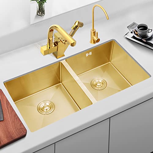 Évier double bac carré doré de 75x40 cm avec installation encastrable ou encastrée - 3