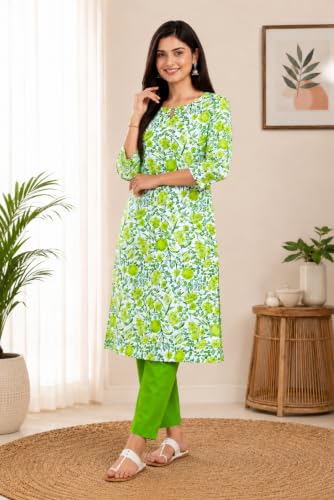 Image of Women's Cotton Floral Printed V-Neck A-Line Kurta /Regular Fit Kurti-3 /4 Sleeve