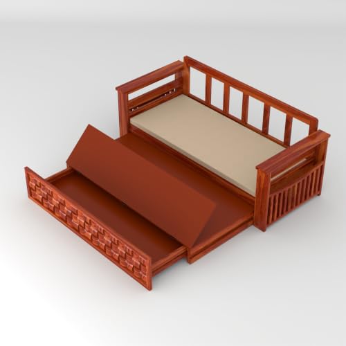 Image of Solid Sheesham Wood Sofa Cums Bed with Mattress & Storage | Rosewood Convertible Sofa Bed for Living Room & Bedroom (G-Honey, 3 Seater)