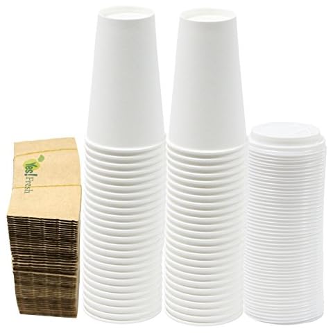 Yes!Fresh Disposable White Paper Hot Coffee Cups with Lids for Office Parties Home Travel Corrugated Sleeve Hot Drink Cups (White 16 oz 50 count) Cover