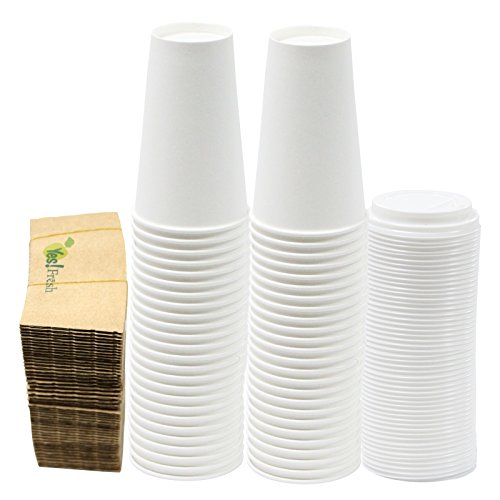 Yes!Fresh Disposable Paper Coffee Cups – To-Go Cups with Lids & Sleeves (Selected Sizes) – For Office, Parties, Home, Travel (White 16 oz 50 count)