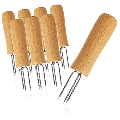 com-four® 8x Mais-Gabel mit 3 Edelstahl-Zinken, rostfrei - wiederverwendbare Maisspieße - Schälhilfe für Pellkartoffeln (08 Stück - Holz)