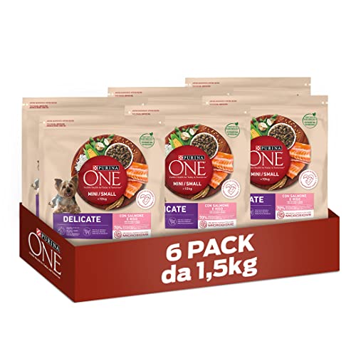 PURINA ONE Mini Small Delicate Crocchette per Cani Adulti con Salmone e Riso 6 Sacchi da 1.5kg