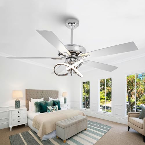 Image of 52 Inch Ceiling Fans with Lights, Creative Modern Silver Ceiling Fan and Remote, 3CCT, 6 Speeds, Quiet, Dual-Sided Reversible 5 Blades Indoor Outdoor Chandelier Fan for Bedroom Living Room