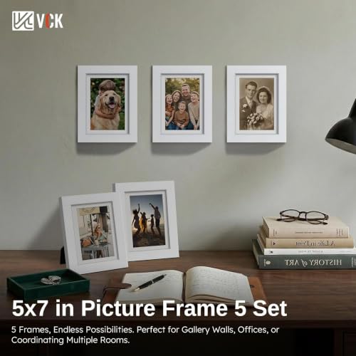 Image of VCK 5x7 Picture Frame 5 Pack, White Wood, 4x6 Mat, Glass, for Photo Print