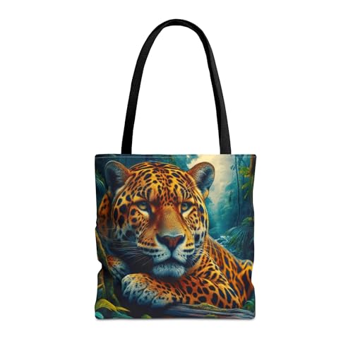 Premium Tote Bag with Realistic Big Leopard in Jungle - Vivid Colored Image, Reinforced Stitching on Handles
