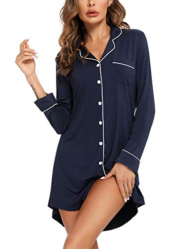 Image of Samring Nightgown for Women Long Sleeve Button Down Night Gown Boyfriend Nightdress Sleep Shirts