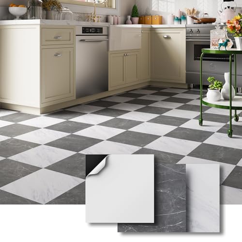 ATOPOSE Peel and Stick Floor Tile Waterproof 30-Pack 12x12 Inch Checkered Marble Texture Vinyl Tiles Easy DIY for Kitchen Dining Room Bathroom Cover 30 Sq. Ft(Grey/White Marble 15 Tiles Per Color)