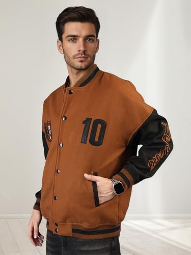 Image of CHKOKKO Men's Oversized Varsity Jacket with Snap Button Closure and Patch Design Trendy Comfortable Outerwear for College Travel and Casual Wear