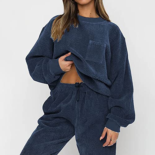 Fridja Roupas femininas de veludo cotelê, 2 peças, blusas de manga comprida, com bolsos, Azul, GG