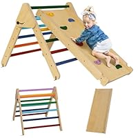 AIYAPLAY Toddler Climbing Frame, 3 in 1 Pikler Triangle Set Baby Gym, Wooden Climbing Frame Indoor with Ramp, for 18–48 Months, Multicoloured