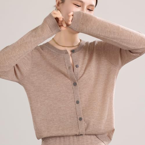 Image of Women's 100% Merino Wool Crew Neck Cardigan Sweater Top Long Sleeve Button Down 2025