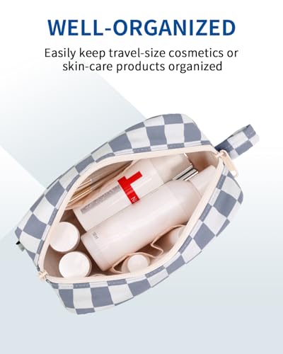 Image of Narwey Small Checkered Makeup Bag for Purse Travel Makeup Pouch Mini Cosmetic Bag Zipper Pouch for Women (Grayish Blue Checkerboard, Small)