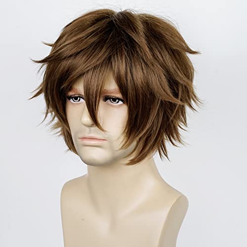 Image of LABEAUTE Mens Short Brown Cosplay Wigs With Bangs Male Unisex Fluffy Heat Resistant Wig Hair for Party and Halloween for Gift + Free Cap