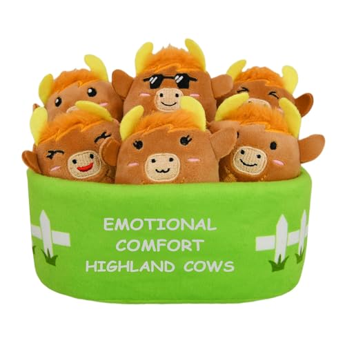 Positive Emotional Support Highland Cows Plush Toy 6 Cute Stuffed Highland Cows in 1 Plush Pasture Funny Stuffed Animal Gift for Women & Men Girls Friends & Coworkers Stress Relief Stuffies