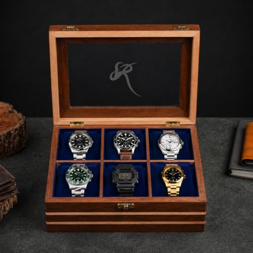 Image of Mens watch box, Watch display case, Indian Rosewood watch box organizer for men, Velvet lining glass lid, Solid Gift for Him, Made for Special Occasions (Dark brown - 6 room - 2)