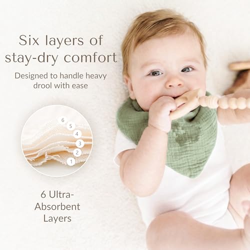 Image of Konssy 10 Pack Baby Muslin Bandana Bibs for Drooling and Teething | 100% Cotton Bibs for Boy Girl, Soft Absorbent 6-Layer Thick Cloth, Pre-Washed Less Shrinkage, Newborn Infant Toddler