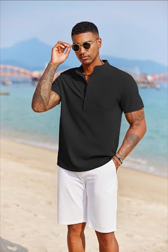 COOFANDY Men's White Solid Casual Short Sleeve Band Collar Henley Shirt with Pocket2
