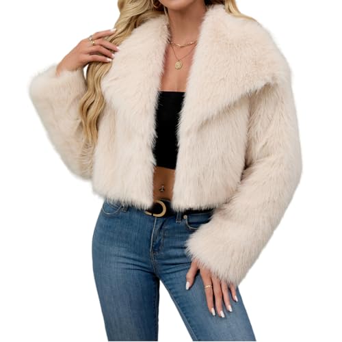 Generisch Damen Kunstpelz Mantel Kurzer Felljacke Faux Pelz Winterjacke Kunstfell Einfarbig Dicker Parka Wintermantel Übergangsjacke Beige L