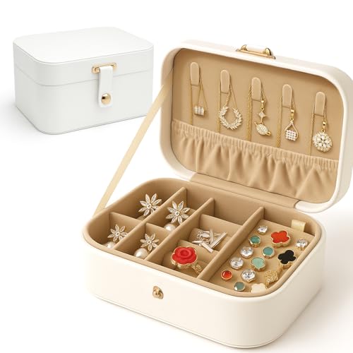 kelav Joyero de Viaje 16x12x8cm, Caja de Joyas Portátil con 3 Niveles y Forro Interno, Estuche Blanco para Mujer y Niña