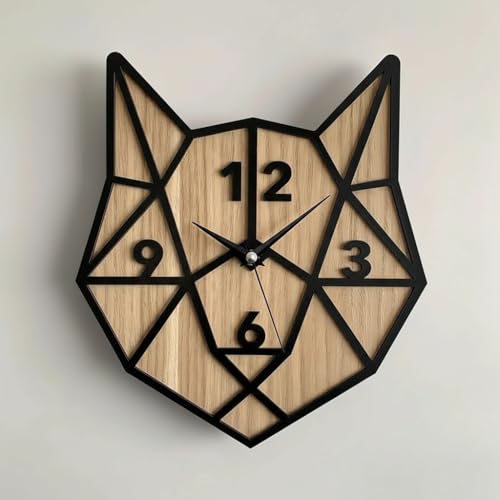 Image of cozyloom Geometric Animal Wall Clock Modern Wooden Fox Shape Analog Wall Clock for Living Room Bedroom Office Home Wall Decor Decorative Round Design (Wood & Black Frame)