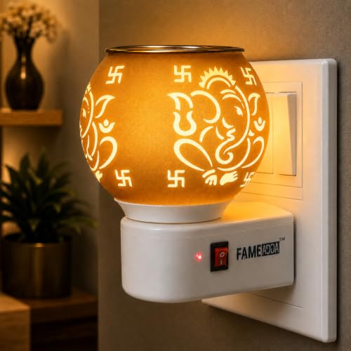 Image of Kapur Dani Camphor Electric Diffuser for Home Fragrance /Kapoor Dani Night Lamp Multi Functional Essential Oil Camphor Burner Diffuser Electrical with On /Off Switch (Ganpati & Swastik)