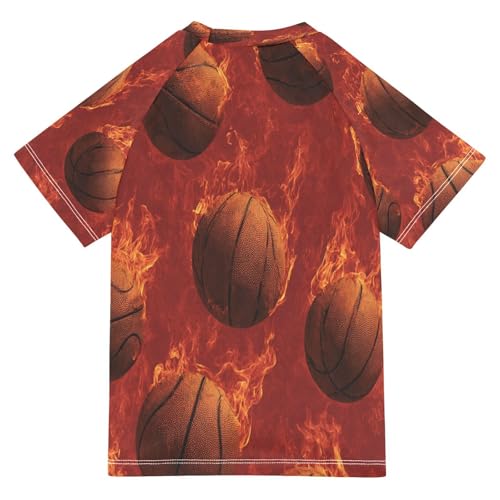 Boys Short Sleeve T-Shirts Basketball Fire Ball Rashguard Kids Swim Shirts Sun UPF 50+2