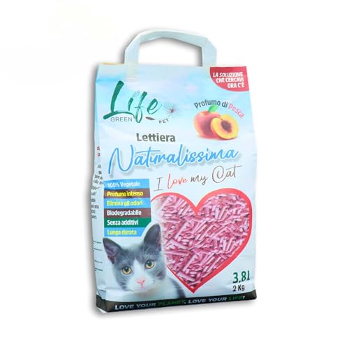 LifeGreen Arena Natural para Gatos, 2 kg, melocotón, con Fibra de Guisante y almidón de maíz, Vegetal, Biodegradable, aglutinante 3,8 l, Elimina olores
