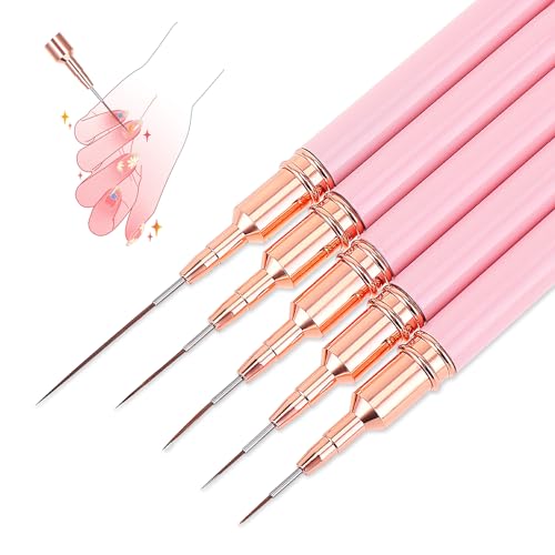 Xinjoduz 5 pinceles para diseño de uñas, pincel de delineador de uñas, pincel fino para diseño de uñas, pincel rosa para uñas de gel, lápiz punteado, pincel para decoración de uñas, juego de pinceles