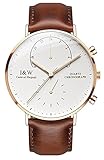 MASTOP Men's Dual Time Zone Analog Luminous Quartz Watch Ultra-Thin Rose Gold Stainless Steel Case Calfskin Band (Brown Band-Gold Hands)
