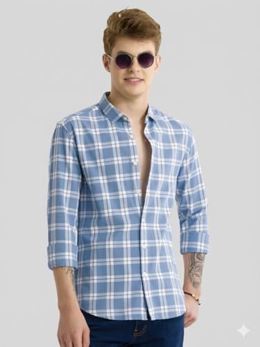 Image of Yuvawear, Men's Full Sleeve Checkered Casual Shirt, Blue, Green, and Cream Plaid Pattern