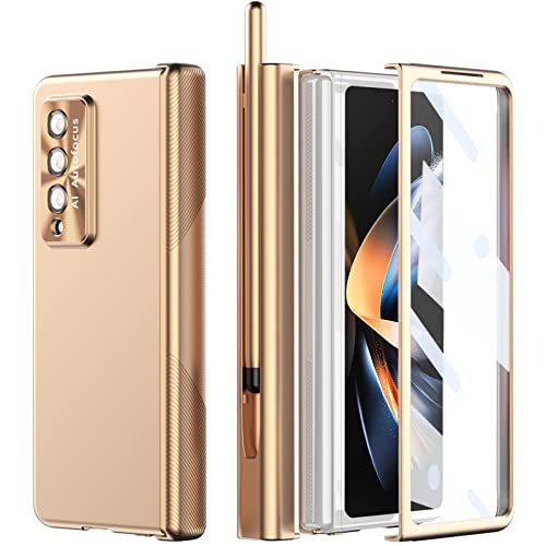 Ninki Compatible S Pen Case For Samsung Galaxy Z Fold 4 Case With Hinge Protection &S Pen Holder,4 In 1 Full Coverage Magnetic Case Screen Protector Phone Case For Samsung Galaxy Z Fold 4 5G Case Gold #TOP1