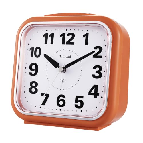 Image of Tinload 5.5 inch Large No Ticking Analog Alarm Clock,Silent Readable for Seniors,Easy to Set,Gradual Rise Alarm,Big Numbers,Gentle Wake,Snooze, Lighted on Demand,Battery Operated,Orange