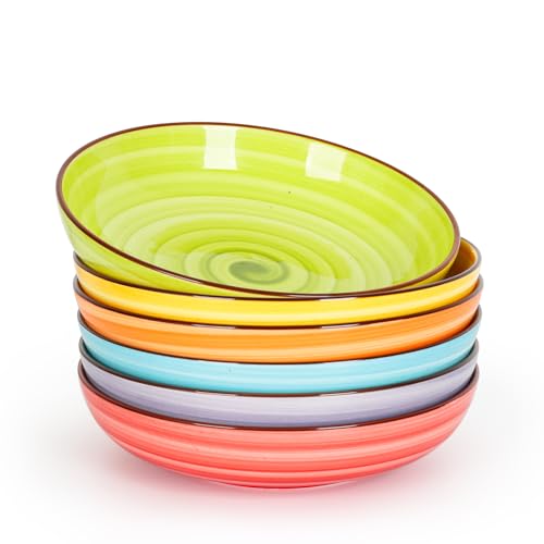KitchenTour Pasta Bowls, Ceramic Salad Bowls Serving Bowl Set 26 oz, 8 Inch Colorful Porcelain Wide and Shallow Bowls Set - Dishwasher and Microwave Safe - Set of 6