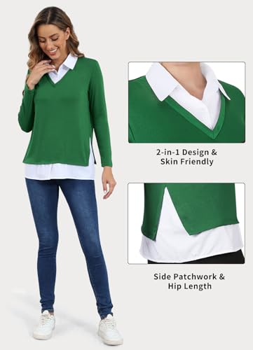 Image of Vldnery Womens Fall Winter Sweater 2025 Trendy Clothes Oversized V Neck Long Sleeve Shirts 2 in 1 Outfit Casual Pullover Tops