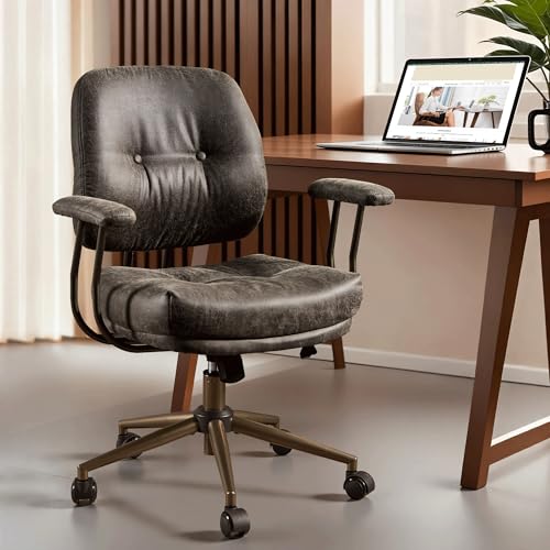 Image of ovios Ergonomic Office Chair, Mid Back Faux Leather Executive Chairs with Thick Cushion, Comfy Mid-Century Modern Swivel Rolling Computer Armchair (Dark Grey, Suede Leather)
