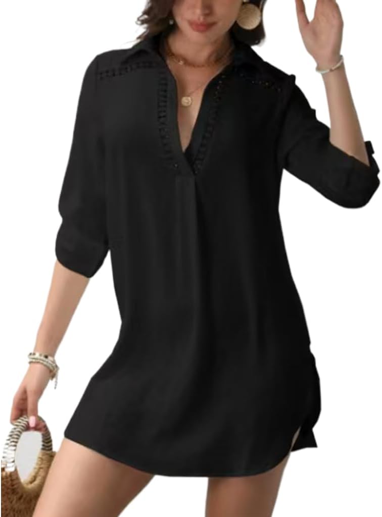 Women's Summer Beach Cover Ups Shirts Long Sleeve Casual Collar V-Neck Vacation Shirts Dress Relaxed Swimsuit