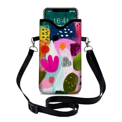 Image of Neoprene Cell Phone Sleeve Pouch Case Bag with Crossbody Strap Neck Lanyard for Women 7.1 X 3.9 in Colorful Floral