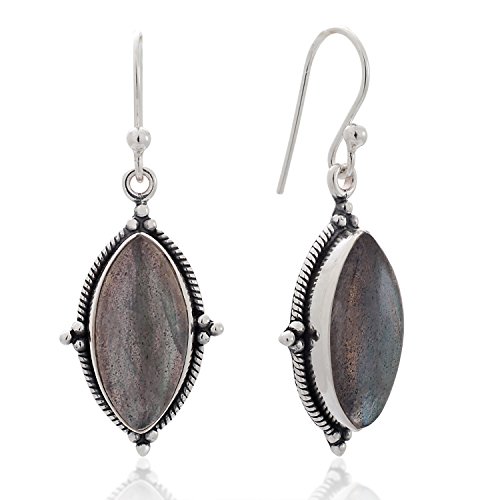 925 Sterling Silver Labradorite Gemstone Vintage Marquise Shape Rope Edge Dangle Hook Earrings 1.4"